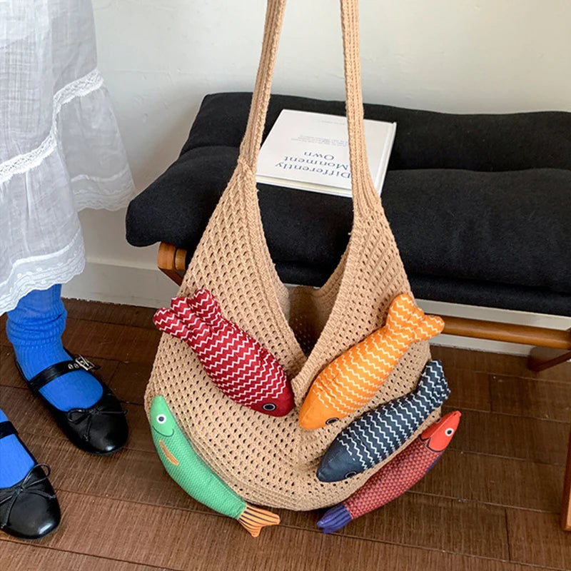 Fish Design Knit Shoulder Bag – Woven Hobo Tote