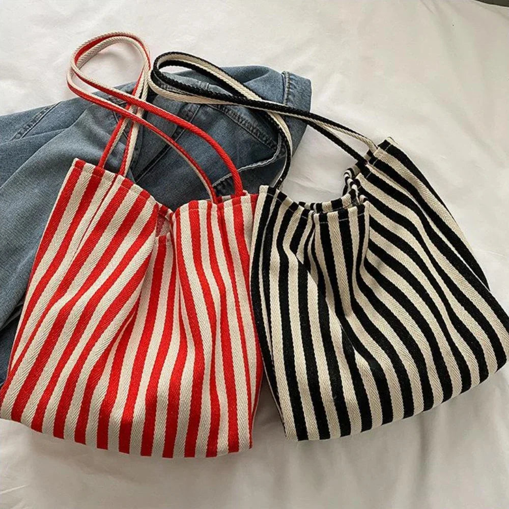 Large Canvas Tote Bag – Striped Shopper Shoulder Bag
