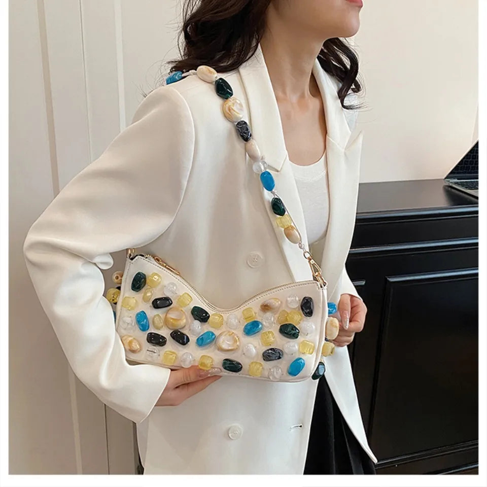 Stone-Embellished Evening Clutch Bag for Women – Baguette Shoulder Handbag