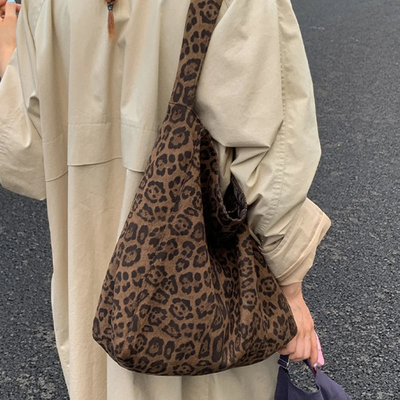 Leopard Print Tote Bag for Women – Large Suede Bucket Shoulder Bag