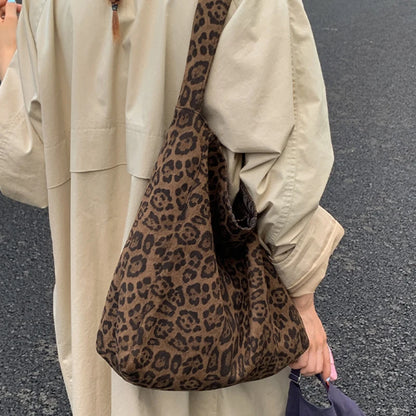 Leopard Print Tote Bag for Women – Large Suede Bucket Shoulder Bag