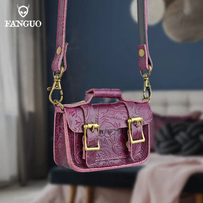 Genuine Leather Mini Crossbody Bag – Floral Embossed Satchel for Women
