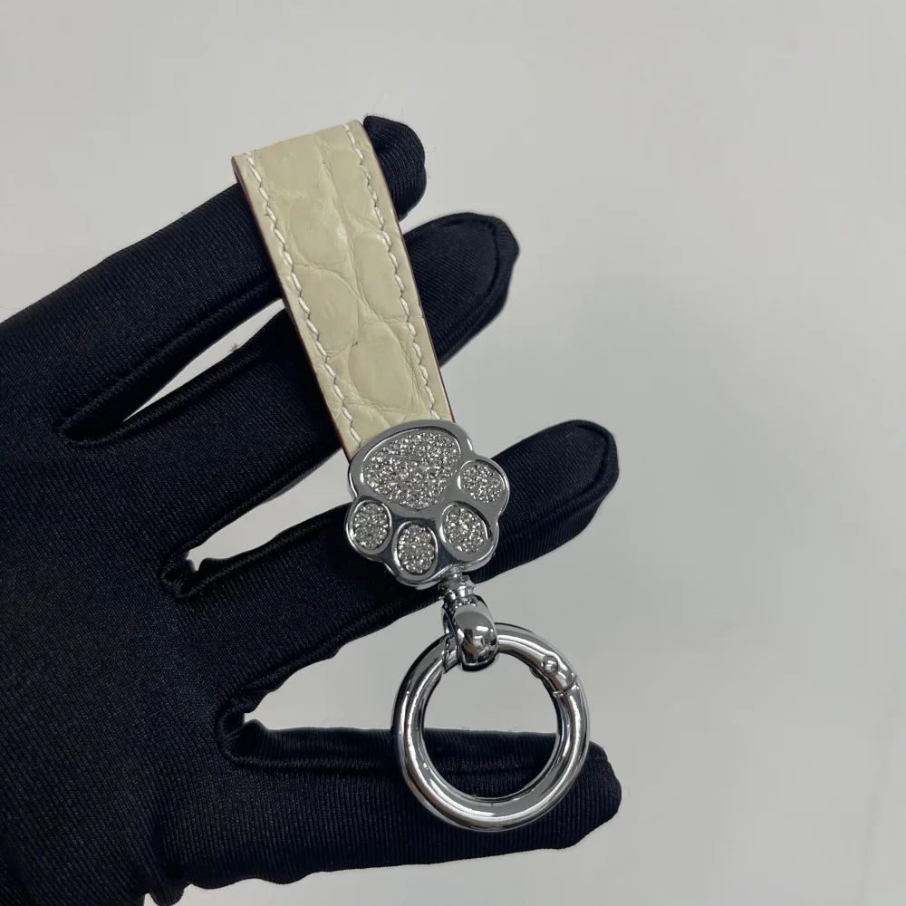 Genuine Crocodile Leather Cat Paw Rhinestone Keychain