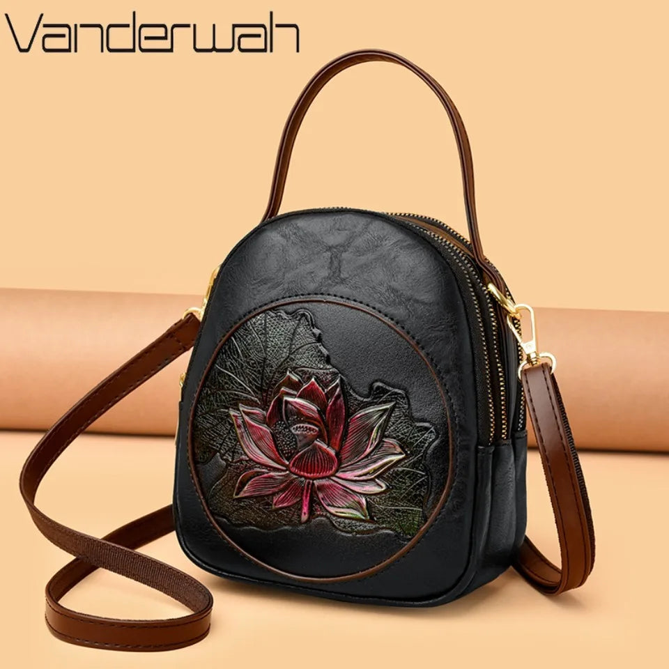 Lotus Embossed Leather Crossbody Bag – Mini Vintage Shoulder Bag