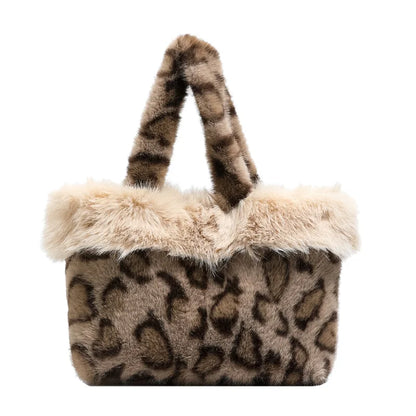 Autumn Winter Leopard Print Tote Bag Shoulder Hair Large Capacity Messenger Plush Student