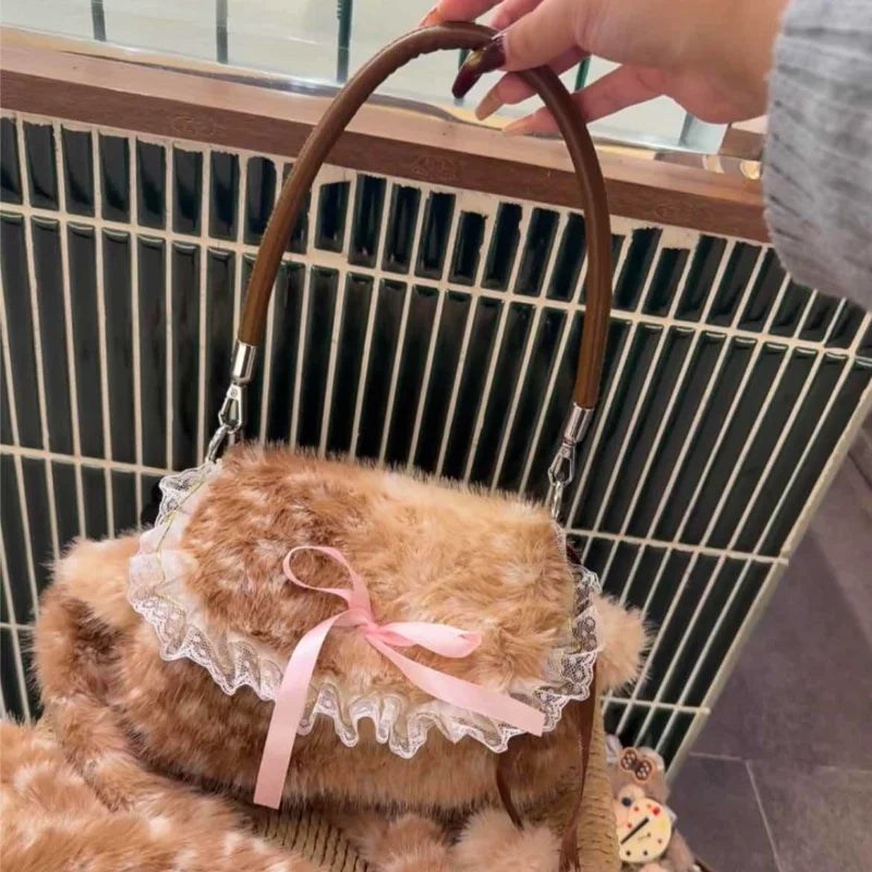 Faux Fur Deer Plush Crossbody Bag – Lolita Bow Design