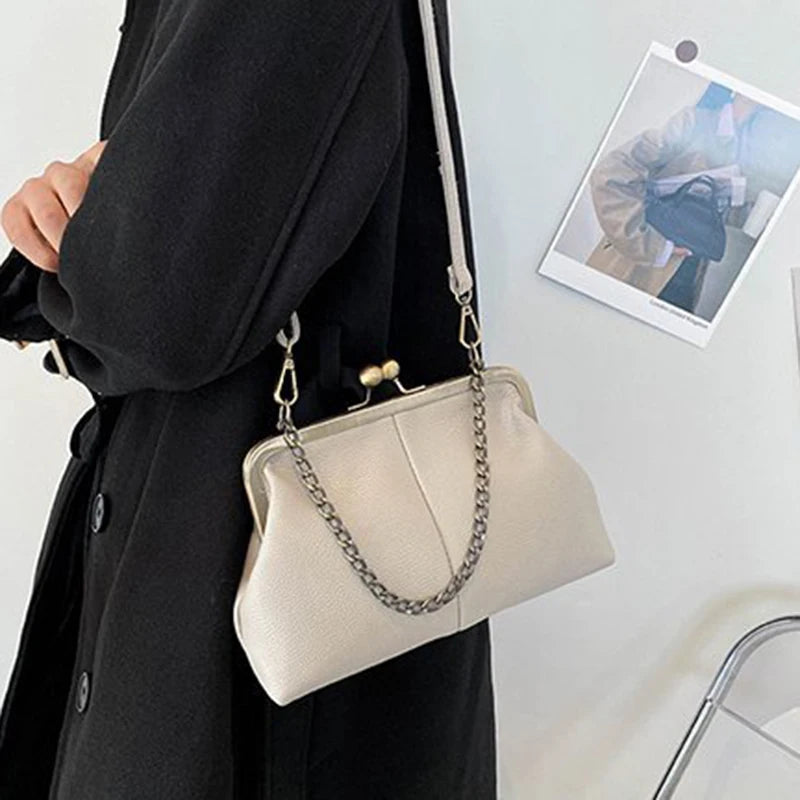 Vintage Kiss-Lock Chain Crossbody Bag for Women – Lychee Leather