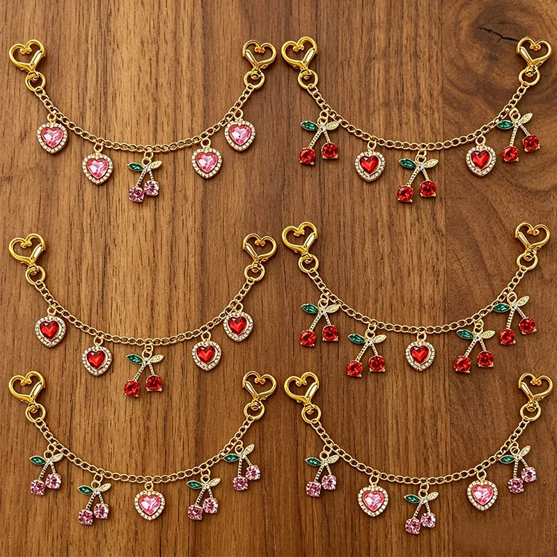 Cherry & Heart Bag Charm – Glass Stone Chain Jewelry Pendant