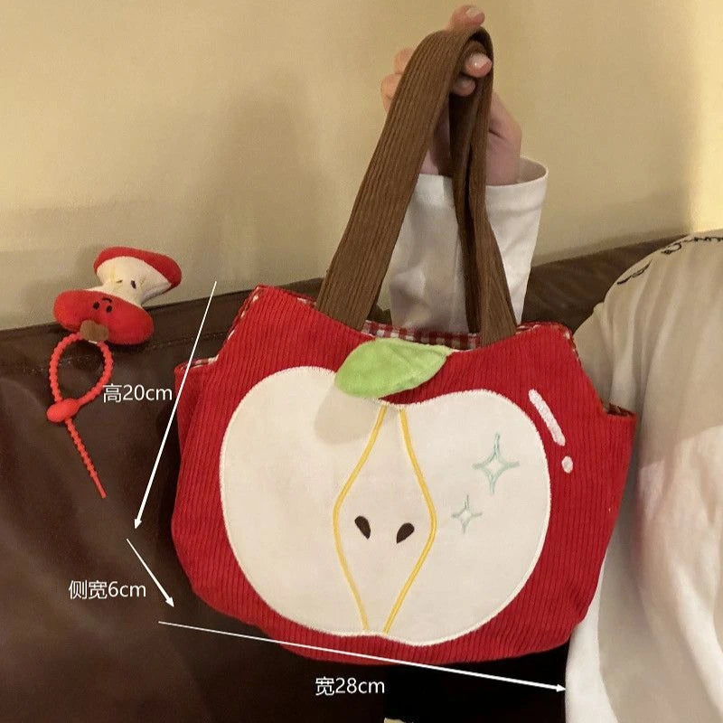 Corduroy Apple Handbag — Cute Casual Shoulder Bag with Pendant