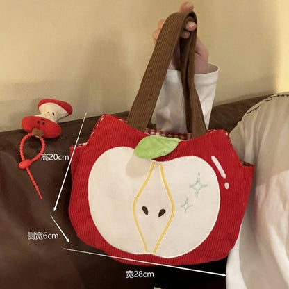 Corduroy Apple Handbag — Cute Casual Shoulder Bag with Pendant
