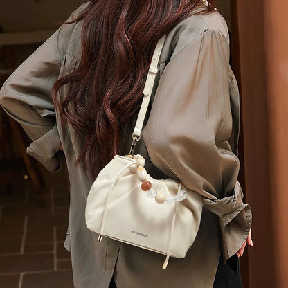 FOXER 2026 Spring Summer New Chic Women's Beaded Handbag Fashion White Signature Crossbody Bag New Cloud Bag with Large Storage