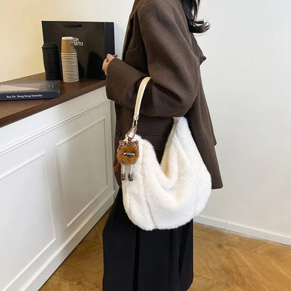 Winter Shoulder Bag Large Capacity Commuting Tote Handle Women Plush Fur Comfortable Versatile
