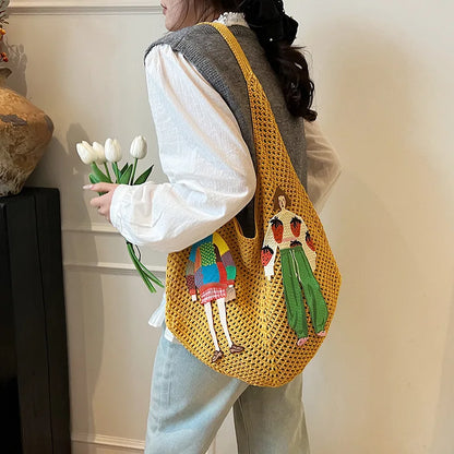 Crochet Mesh Knit Shoulder Bag – Cartoon Tote Beach Bag for Women