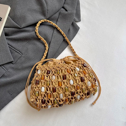 Moods Woven Design Drawstring Shoulder Bucket Bags Women Stone Beads Decor Phone Net Bag Trends