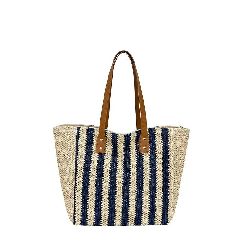 Striped Woven Straw Tote Bag – Large Capacity Shoulder Bag for Women