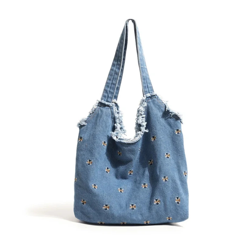Denim Tote Bag – Frayed Edge Bow Embroidery Shoulder Handbag