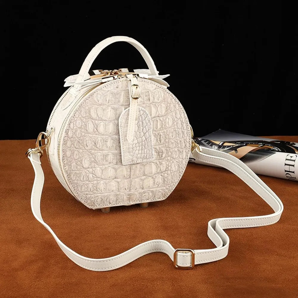 Crocodile Leather Round Bag – White Crossbody Handbag