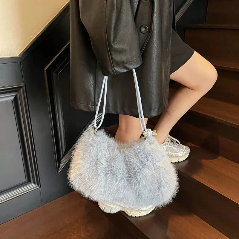 Faux Fur Plush Shoulder Bag – Women's Luxury Tote Handbag