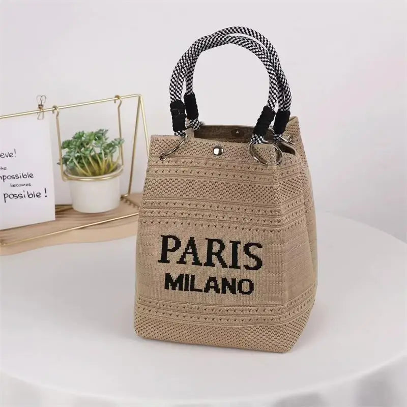Knit Bucket Bag Women – Letter Print Woven Handbag Small Tote