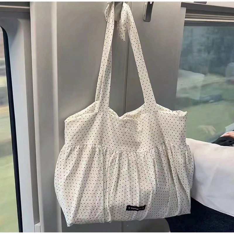 Korean Style Polka Dot Canvas Tote Bag Women Bow Decor Pleated Handbag Large Capacity Casual Daily
