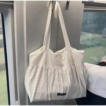 Korean Style Polka Dot Canvas Tote Bag Women Bow Decor Pleated Handbag Large Capacity Casual Daily