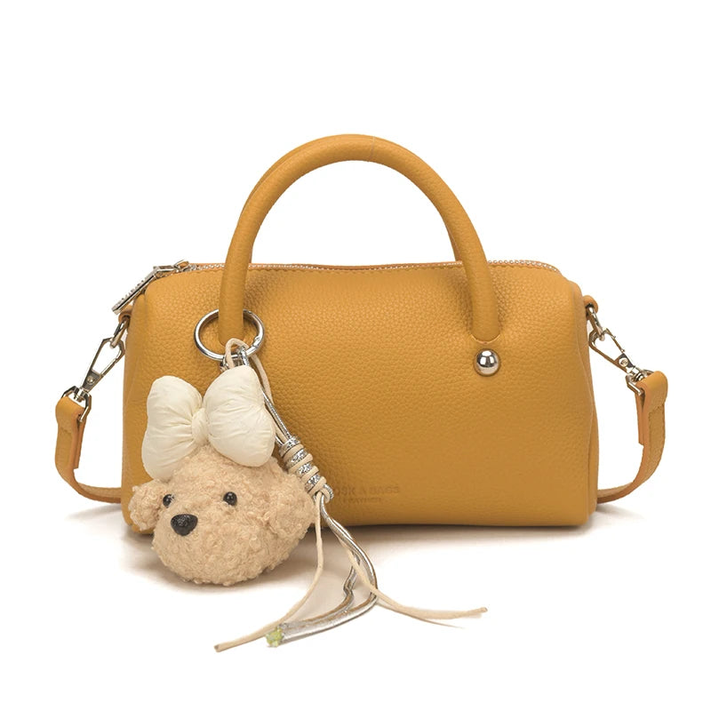 Women's Leather Top Handle Bag – Crossbody Shoulder Purse with Pendant