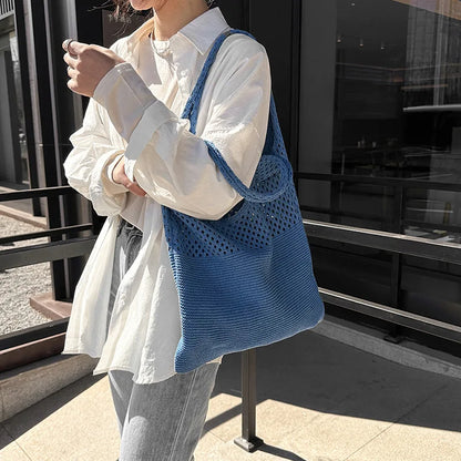 Hollow Knit Shoulder Tote Bag for Women – Large Capacity