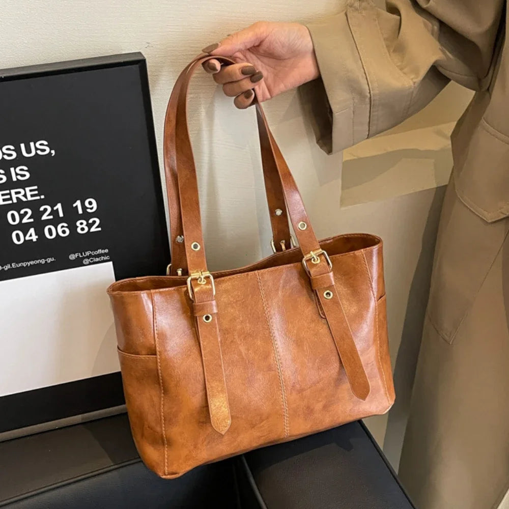 PU Leather Tote Bag Retro Large Capacity Women's Shoulder Bag
