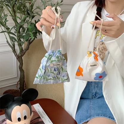 Kawaii Floral Drawstring Pouch – Cute Cosmetic & Coin Purse Bag