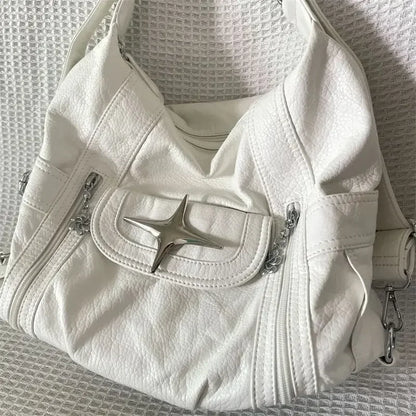 Y2K Star Shoulder Bag – White PU Leather Large Capacity Punk Handbag