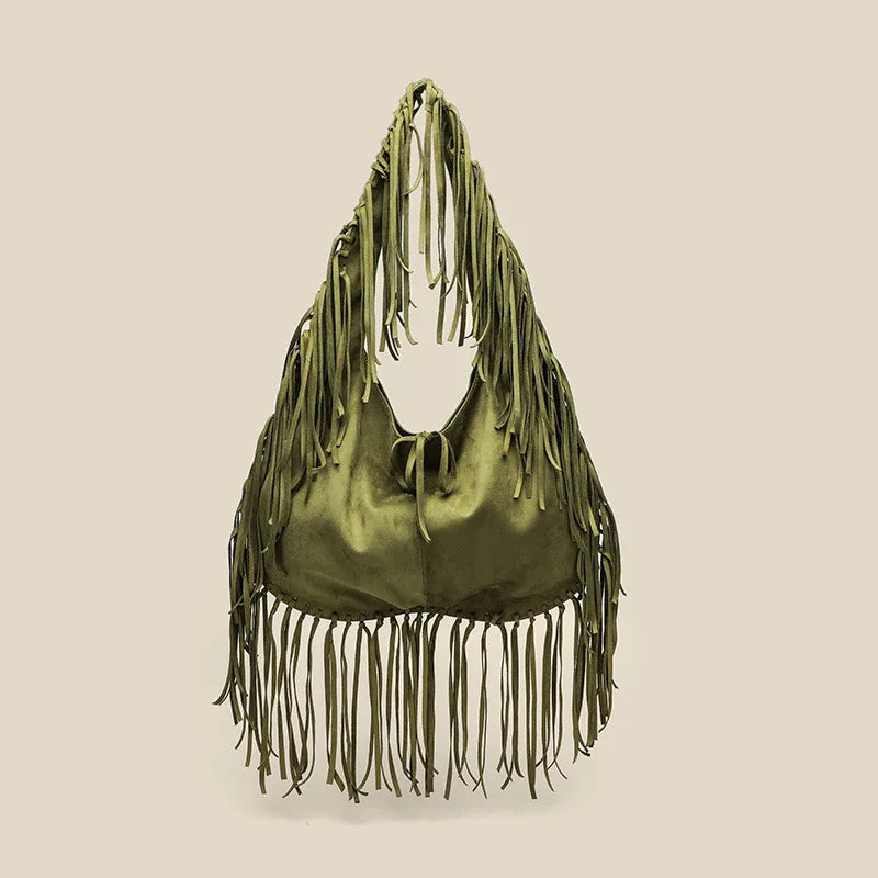 Vintage Suede Hobos Women Shoulder Bags Bohemian Tassel Handbags Large Capacity Tote Bag Autumn