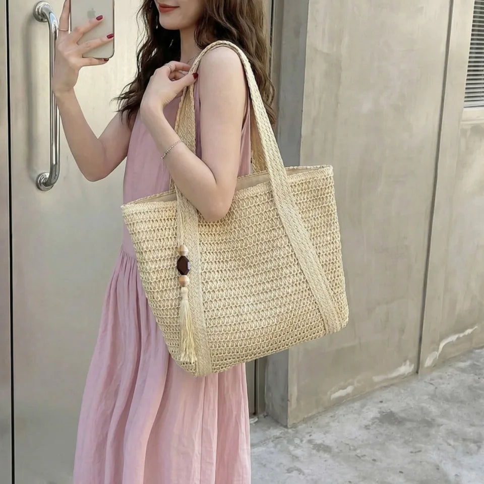 Woven Straw Beach Tote Bag for Women – Large Boho Shoulder Handbag