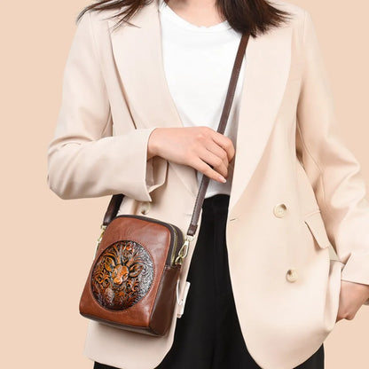 Vintage Deer Head Embossed Leather Crossbody Bag – Mini Multi-Pocket Purse