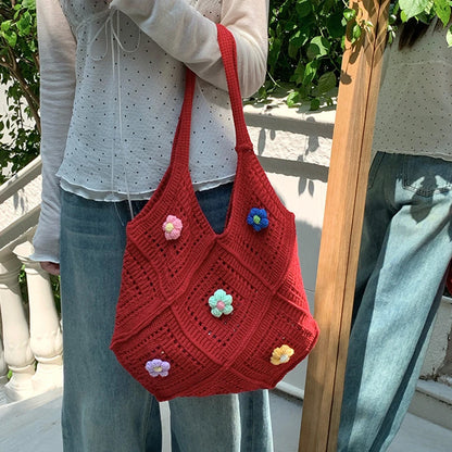 Knitted Flower Tote Bag – Large Capacity Women Shoulder Bag