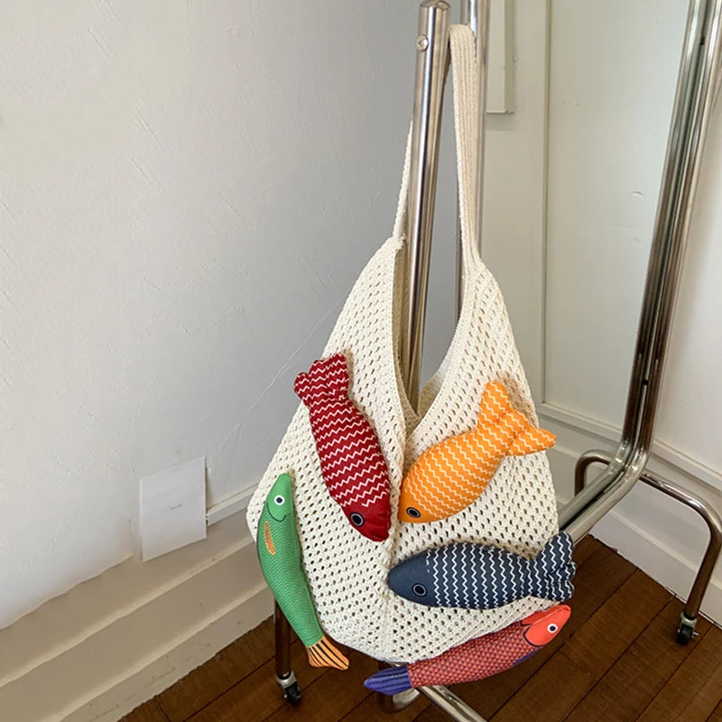 Fish Design Knit Shoulder Bag – Woven Hobo Tote