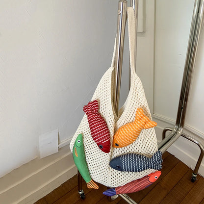 Fish Design Knit Shoulder Bag – Woven Hobo Tote