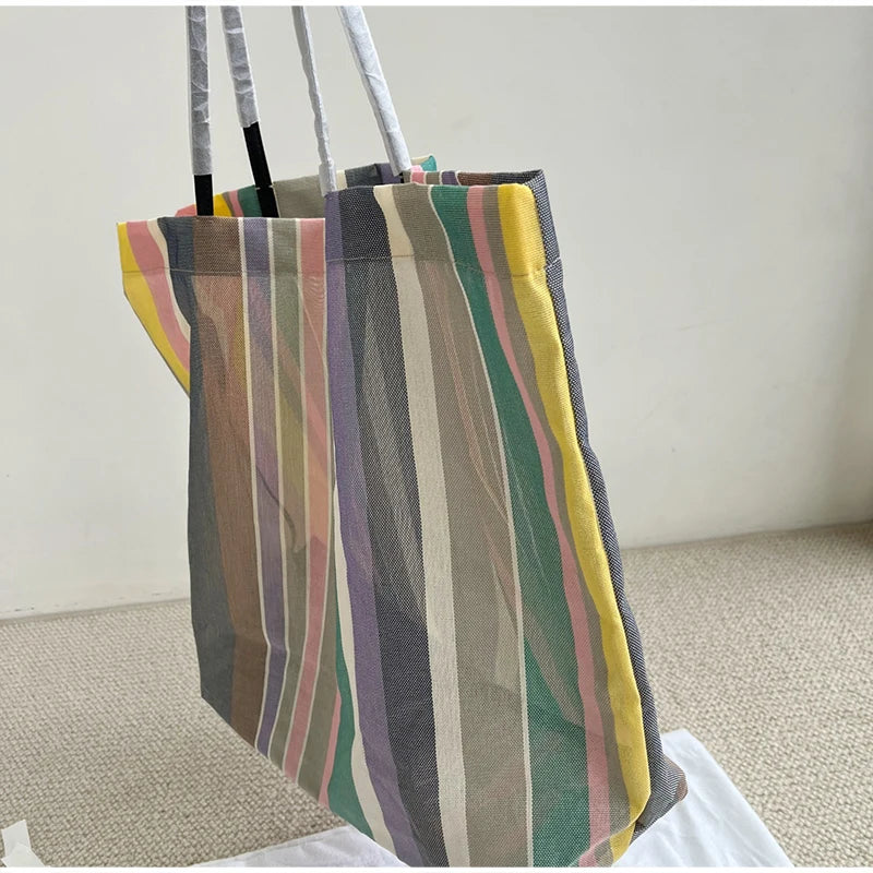 Rainbow Striped Tote Bag – Designer Shoulder Bag with Card Holder