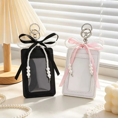Pearl Bow PU Leather Photocard Holder with Keychain