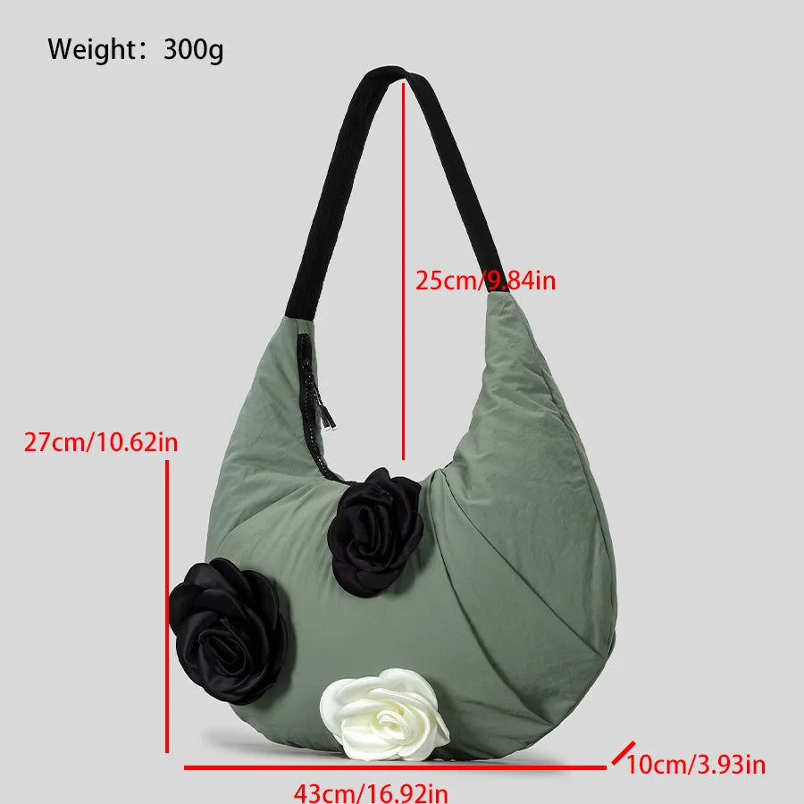 Elegant Camellia Deco Hobos Women Shoulder Bags Casual Nylon Padded Crossbody Large Capacity Puffer