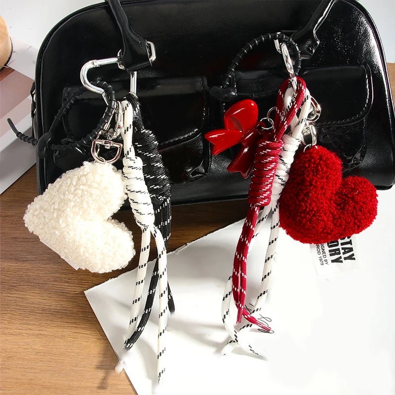 Plush Heart Keychain with Bow – Cute Woven Rope Bag Charm