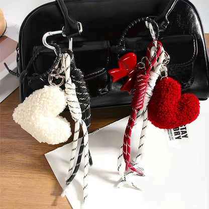 Plush Heart Keychain with Bow – Cute Woven Rope Bag Charm
