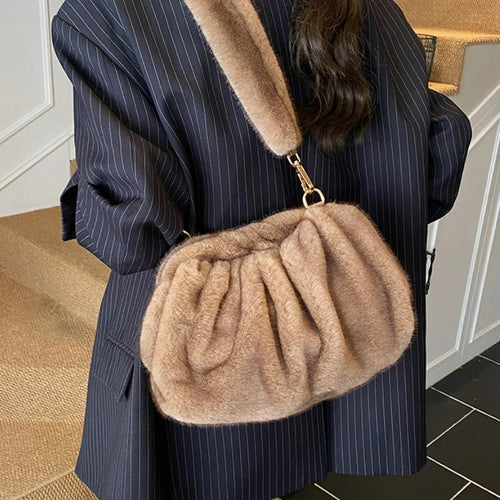 Trendy Womens Faux Fur Top Clutch Bag Vintage Fluffy Shoulder Autumn Winter Casual Simple Design