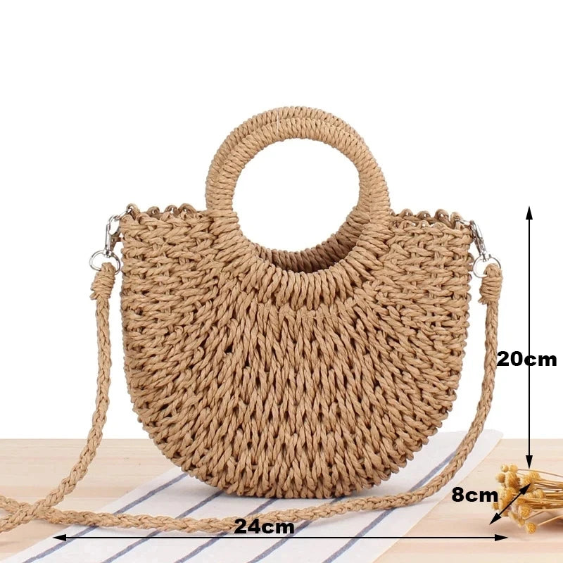 Moon-Shaped Straw Handbag – Handmade Women Beach & Crossbody Bag