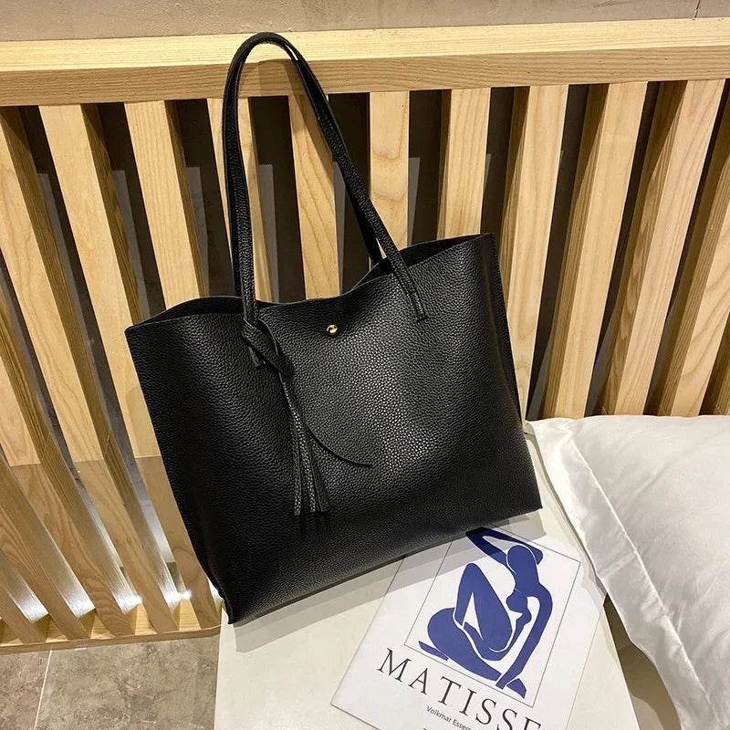 Trend Women Single Shoulder Bag Casual Large Capacity Pu Lychee Pattern Tassel Outdoor Simple Tote