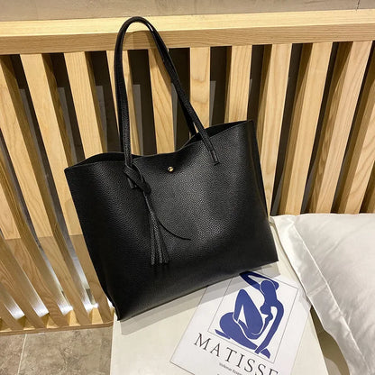 Trend Women Single Shoulder Bag Casual Large Capacity Pu Lychee Pattern Tassel Outdoor Simple Tote