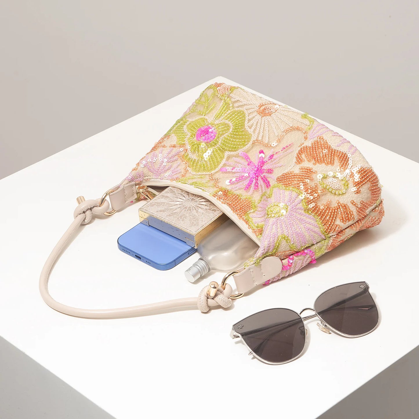 Sequin Floral Embroidery Shoulder Bag for Women