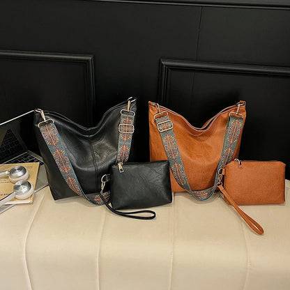 PU Leather Crossbody Bag with Wide Boho Strap + Wristlet Pouch