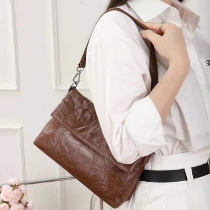 Genuine Leather Fold-Over Shoulder Bag – Vintage Cowhide Clutch