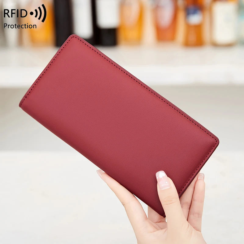 RFID Blocking Women's Long Leather Travel Wallet with Passport Holder & Card Slots