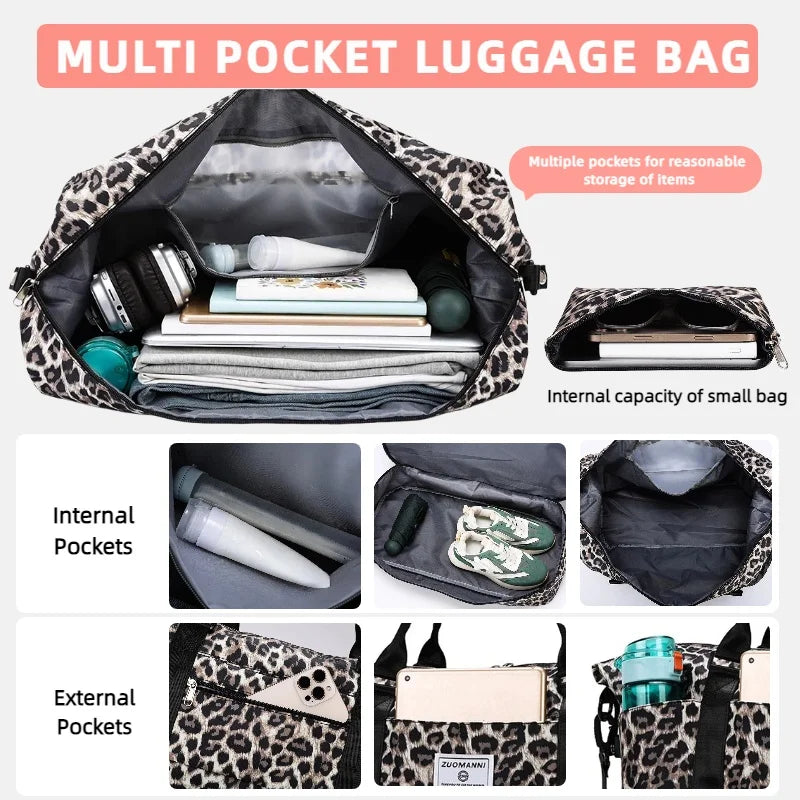 Leopard Print Travel Duffle Bag Set with Cosmetic Pouch